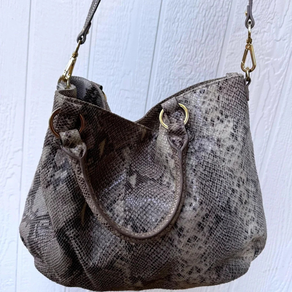 G.I.L.I Genuine Leather Snakeskin Embossed Purse Tote‎ Bag Grey XL Crossbody